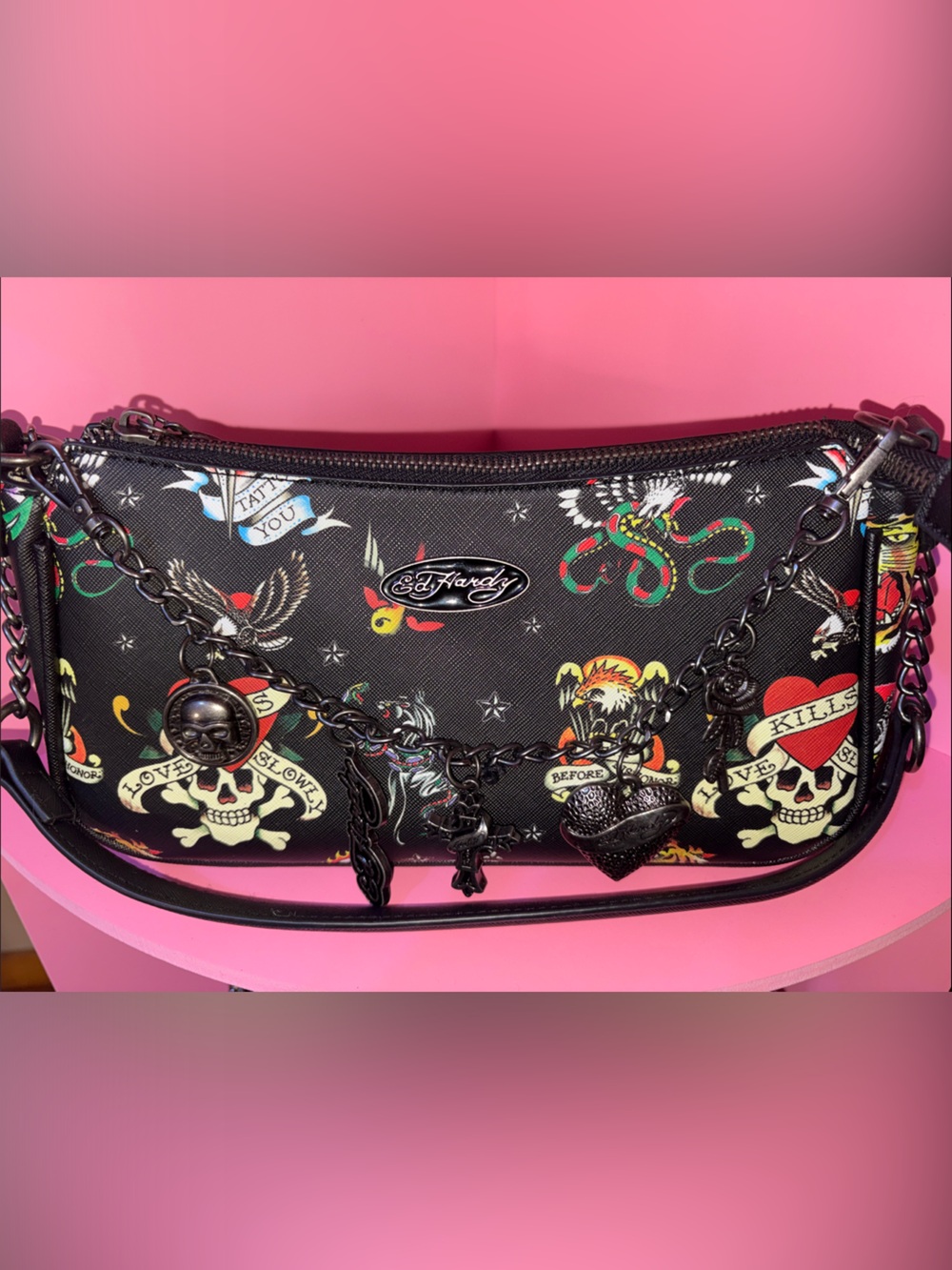 Ed Hardy Black Shoulder Bag with Multicolor Tattoo Print and Gunmetal Chain